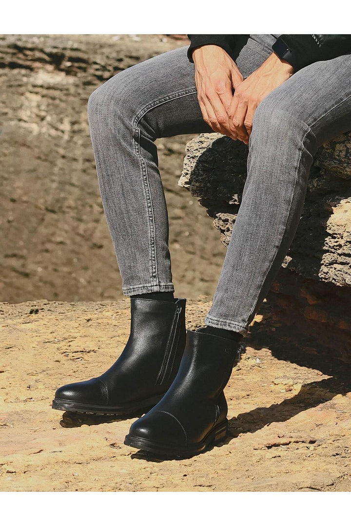 Cabani Shoes Bottines pour hommes en cuir véritable avec semelle en caoutchouc, noires et à fermeture éclair. - Multicolore