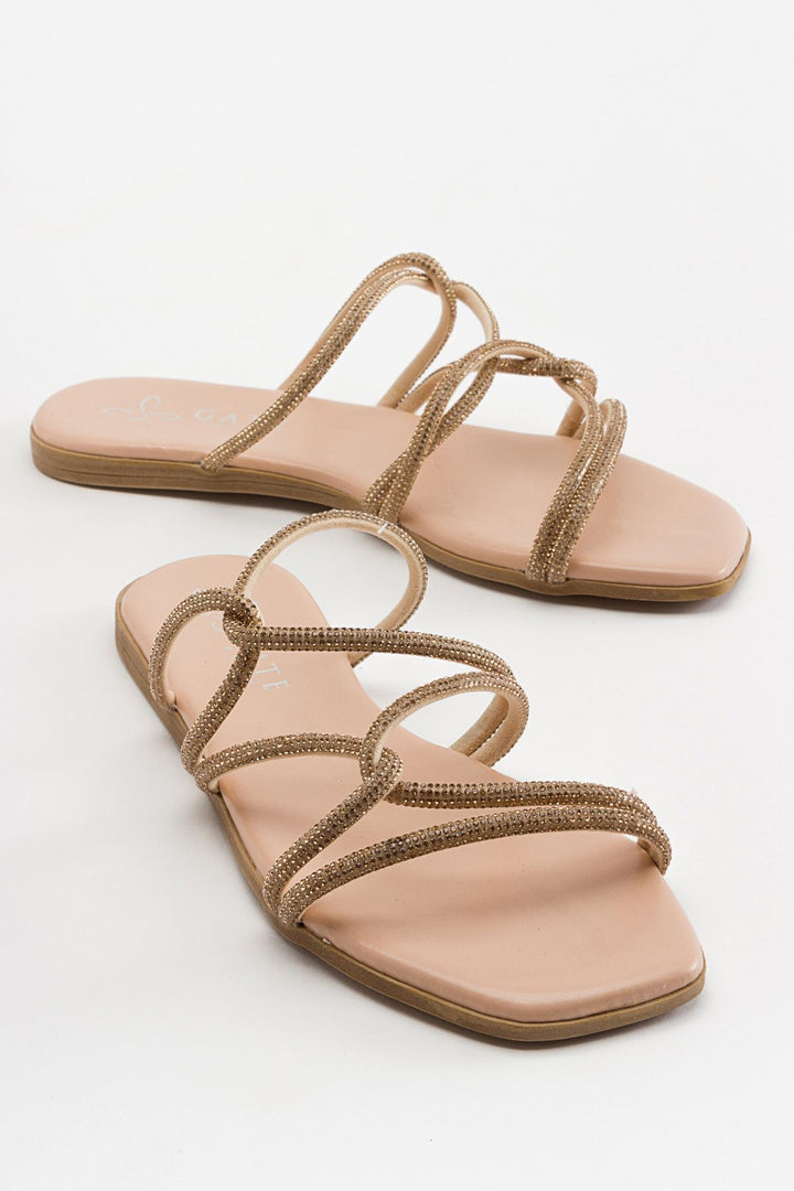 Wavelys Sreta Sandale d'été femme à semelle basse avec pierres brillantes - Rose