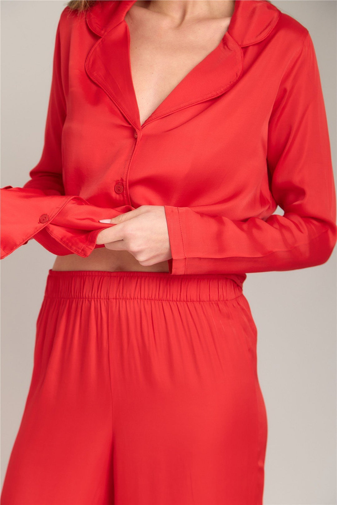 Lovely Things Ensemble de pyjamas à manches longues en satin Geraldine - Rouge