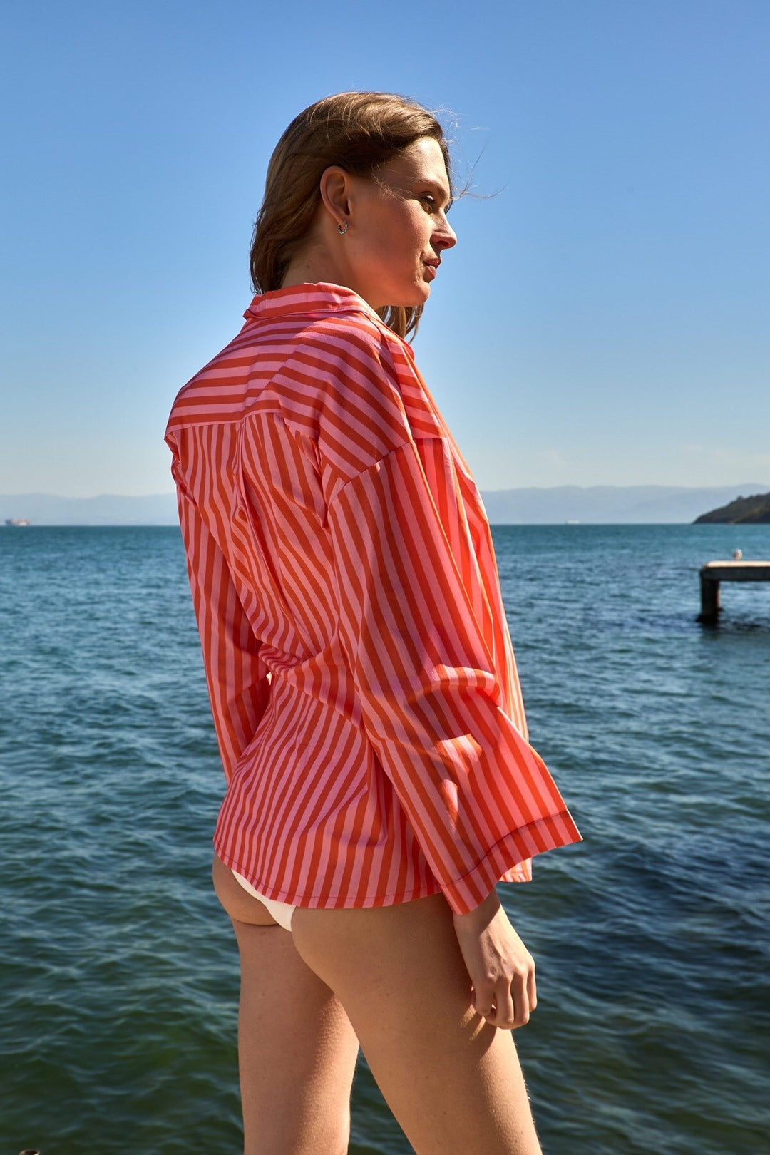 Lovely Things SUZIE Haut de pyjama en popeline à rayures à manches 3/4 - Orange