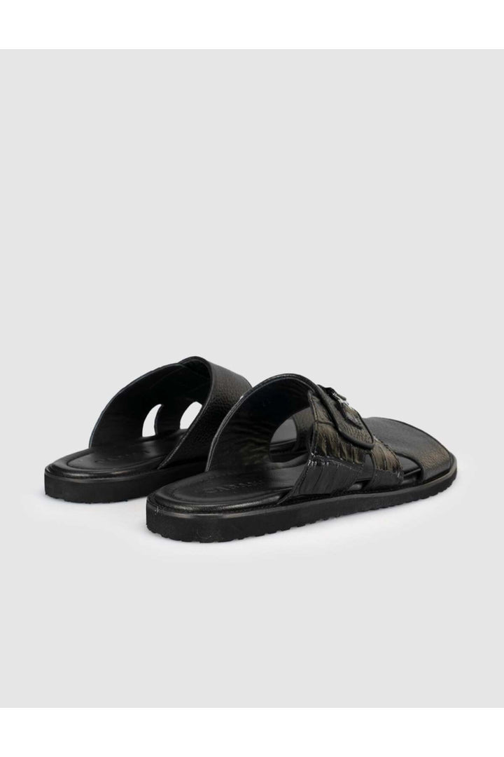 Cabani Shoes Sandale en cuir noir pour homme avec détails en crocodile - Multicolore