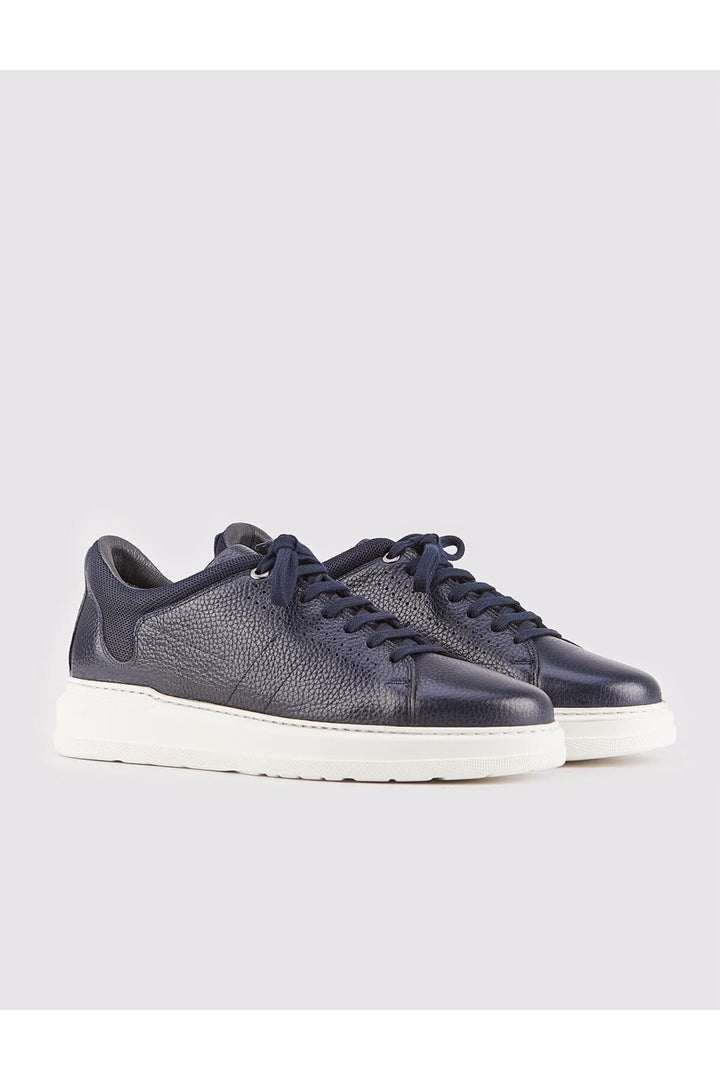 Cabani Shoes Chaussures de sport pour hommes en cuir véritable à lacets, semelle blanche, bleu marine. - Bleu marine
