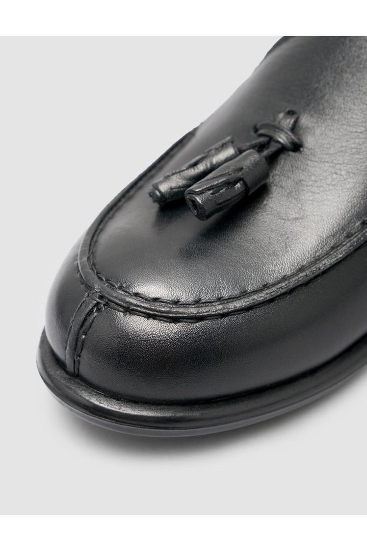 Cabani Shoes Loafer femme en cuir véritable noir avec franges à 100%. - Noir