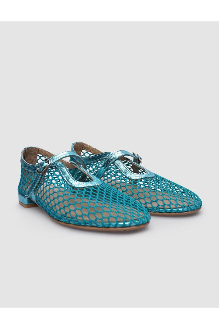 Cabani Shoes Ballerines pour femmes en cuir véritable 100% avec détail de boucle en filet bleu. - Bleu