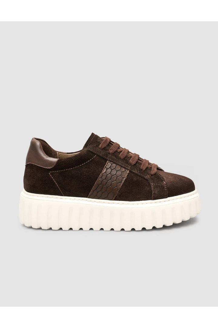 Cabani Shoes Baskets femme en croco marron avec lacets en suède - Marron