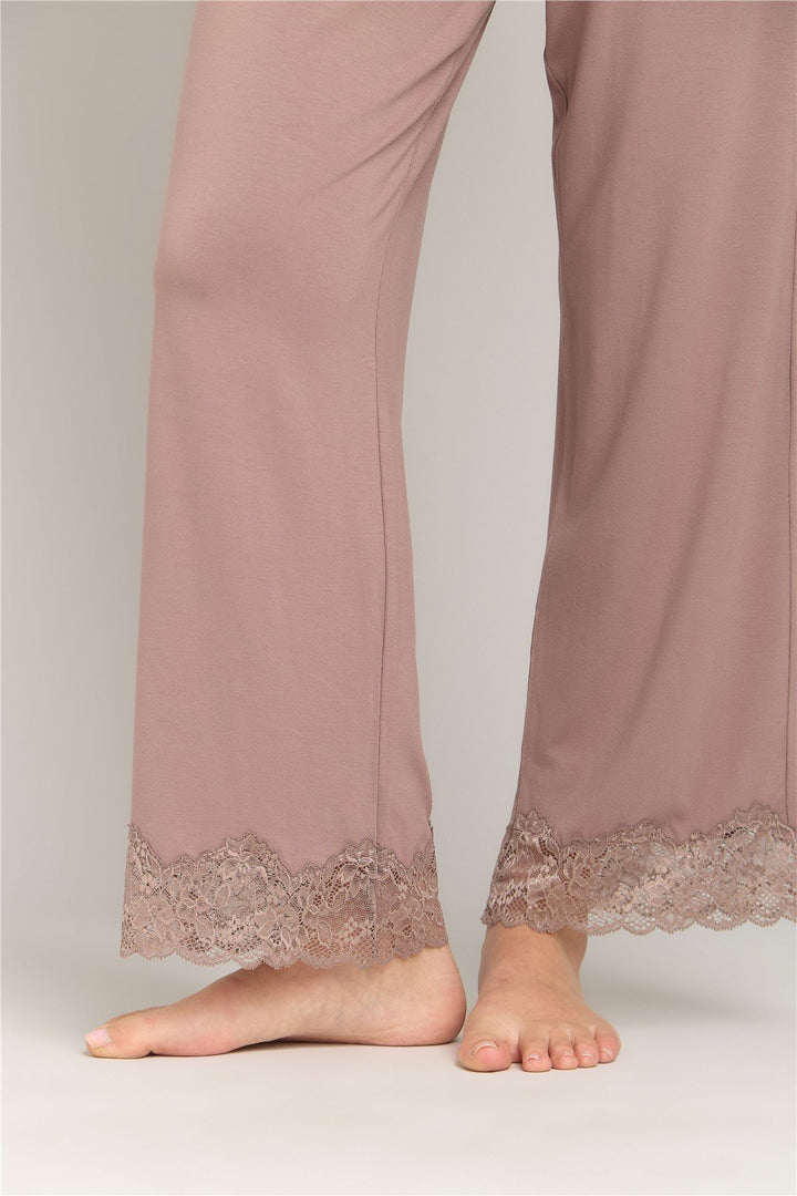Lovely Things SOPHIA Örme 3/4 Kol Gömlek Pantolon Set Pijama Takımı - Kahverengi