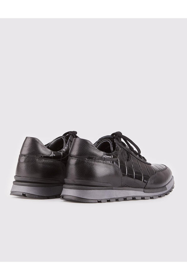 Cabani Shoes Chaussures de sport pour hommes en cuir véritable noires avec lacets et motifs imprimés spéciaux. - Noir