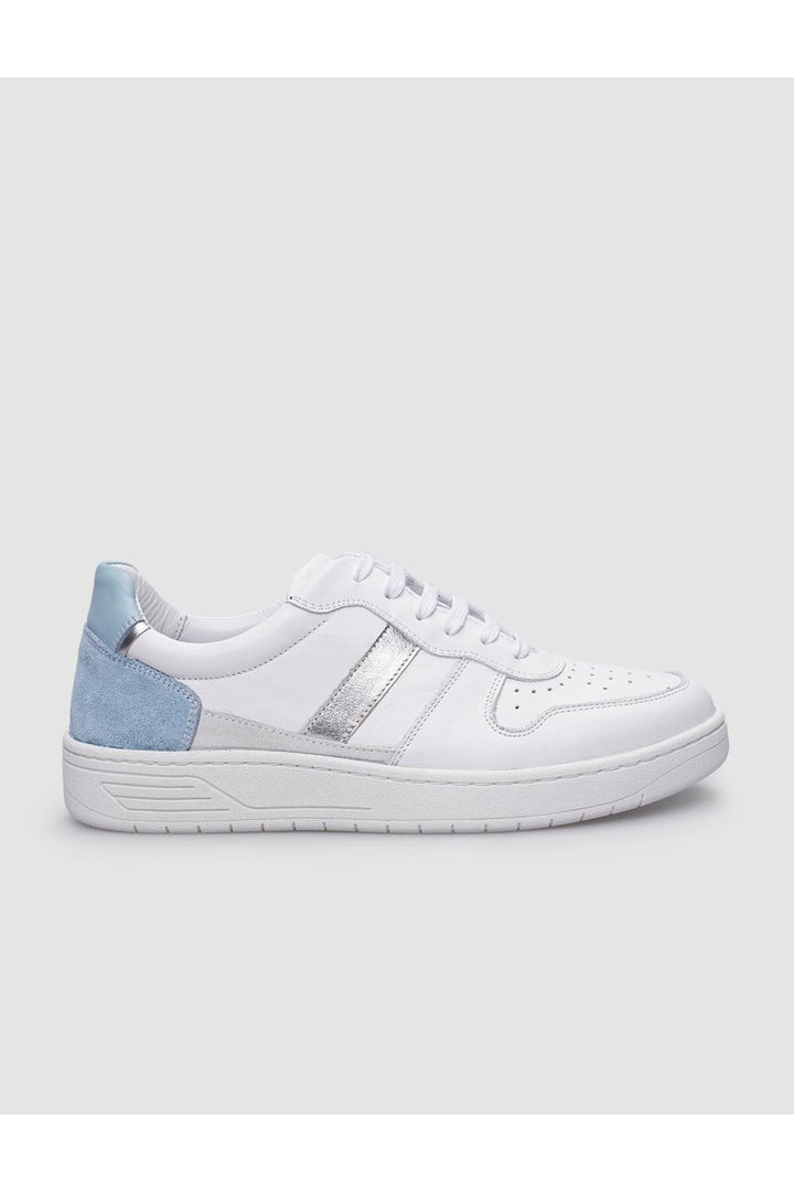 Cabani Shoes Baskets pour femmes en cuir véritable 100 % blanches et bleues avec lacets. - Blanc
