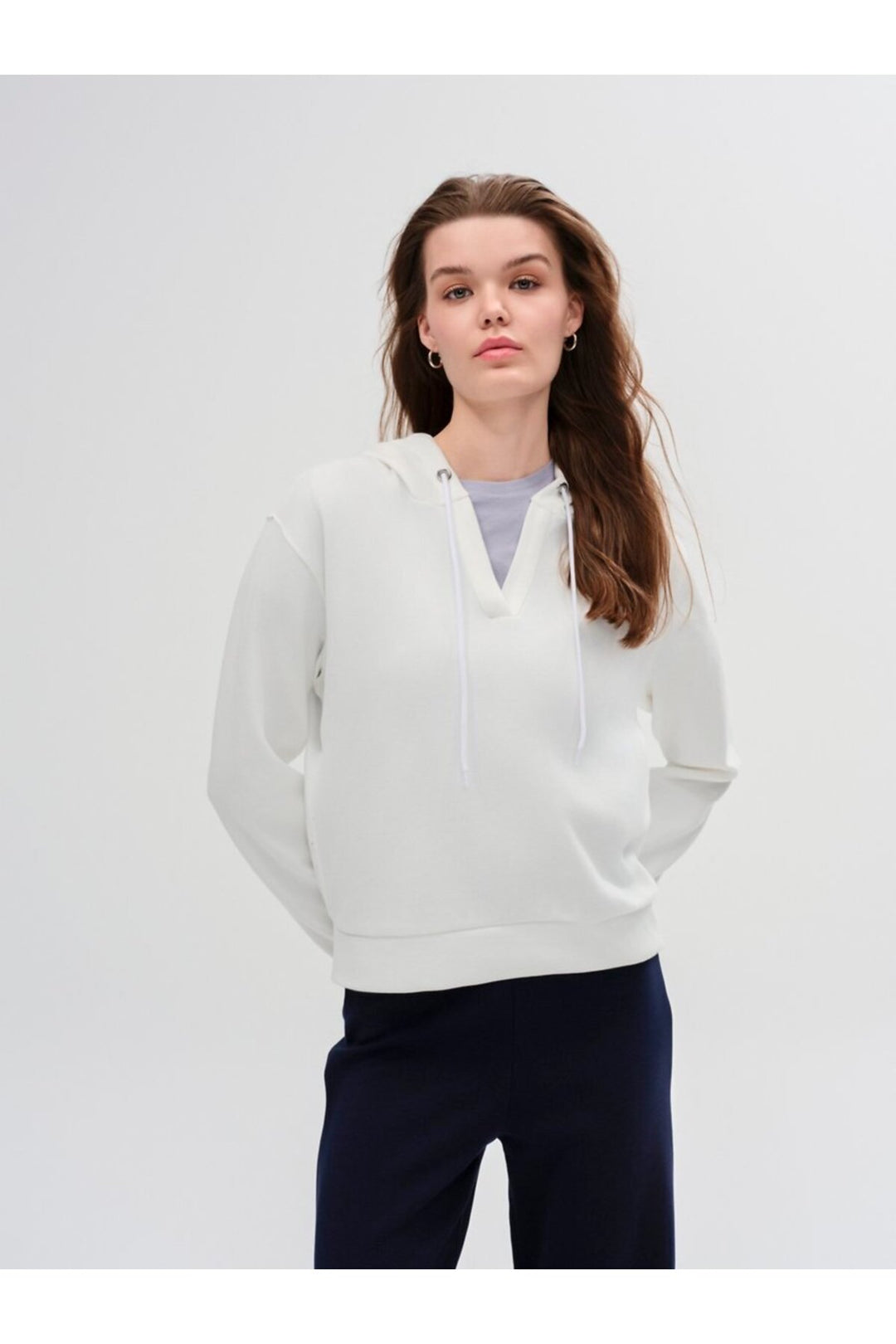 LTB Sweatshirt crème à capuche avec col en V basique - Crème