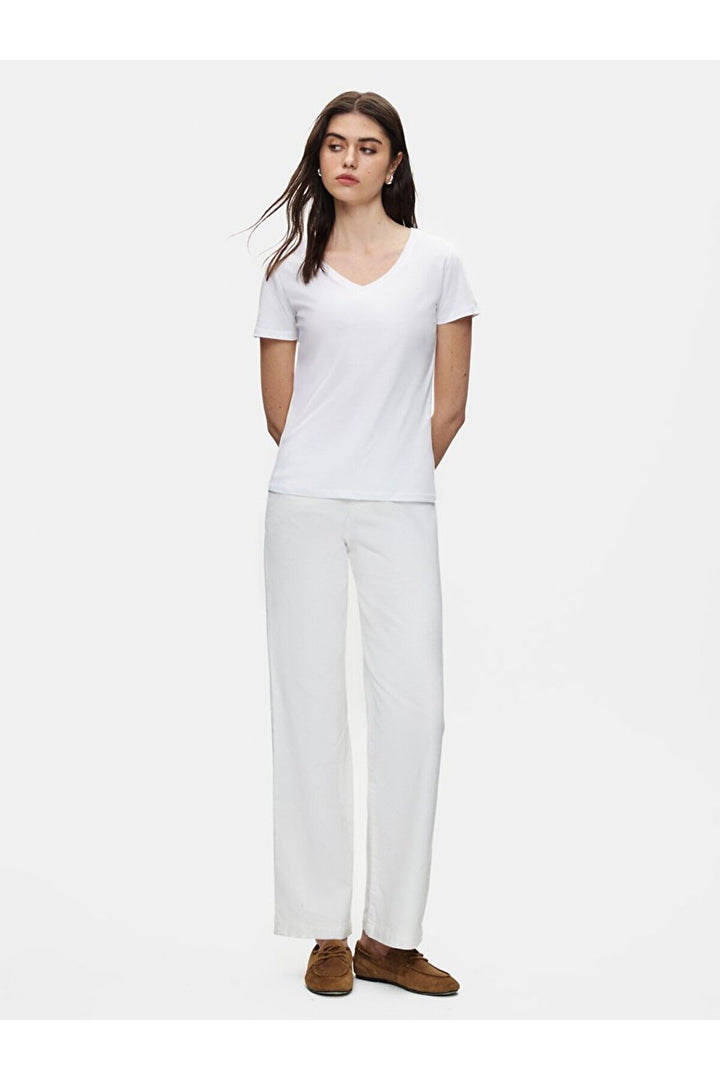 LTB T-shirt blanc régulier à manches courtes avec col en V pressé