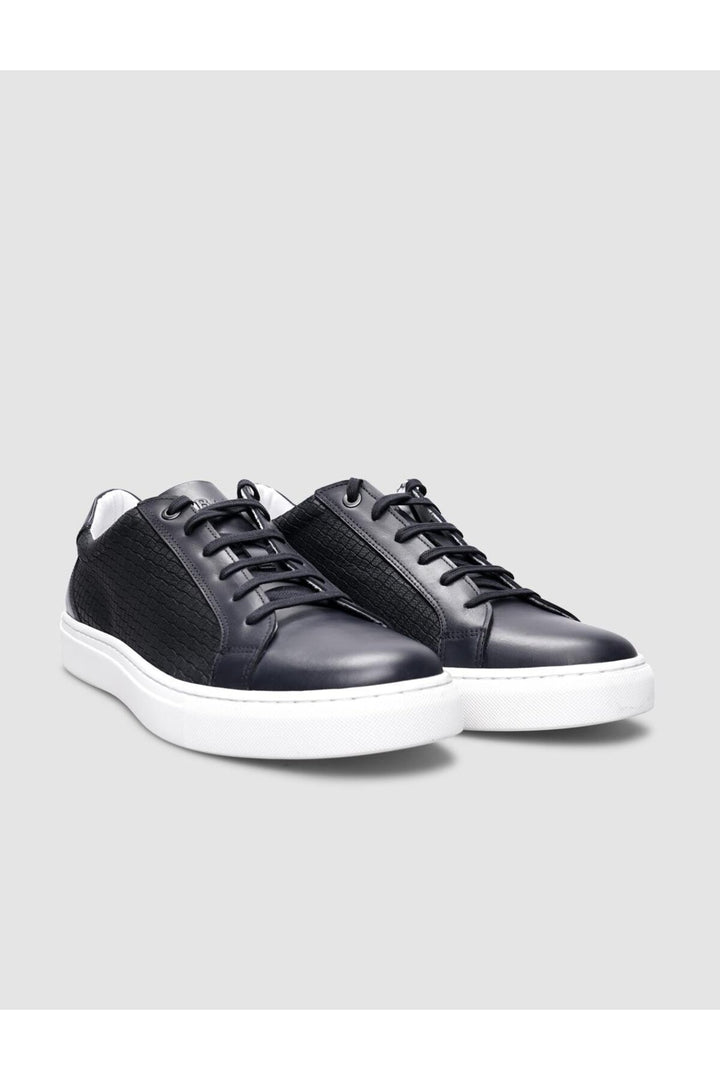 Cabani Shoes %100 Cuir Véritable Baskets Pour Hommes À Lacets À Motif Carré Bleu Marine - Bleu marine