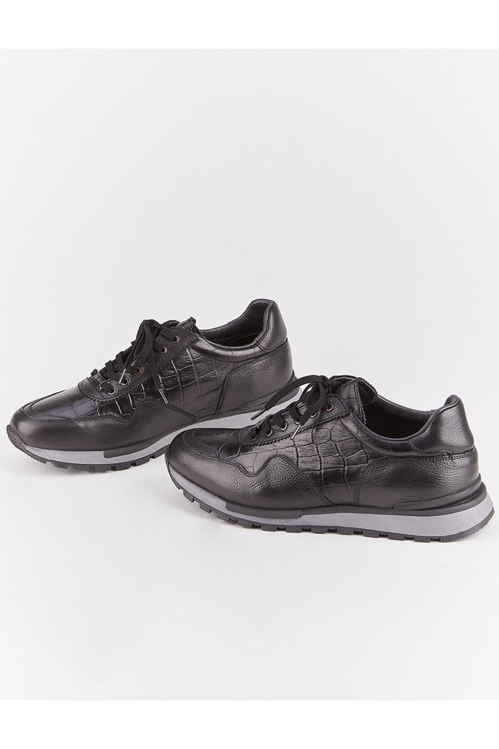 Cabani Shoes Chaussures de sport pour hommes en cuir véritable, noires, à lacets et à motifs. - Noir