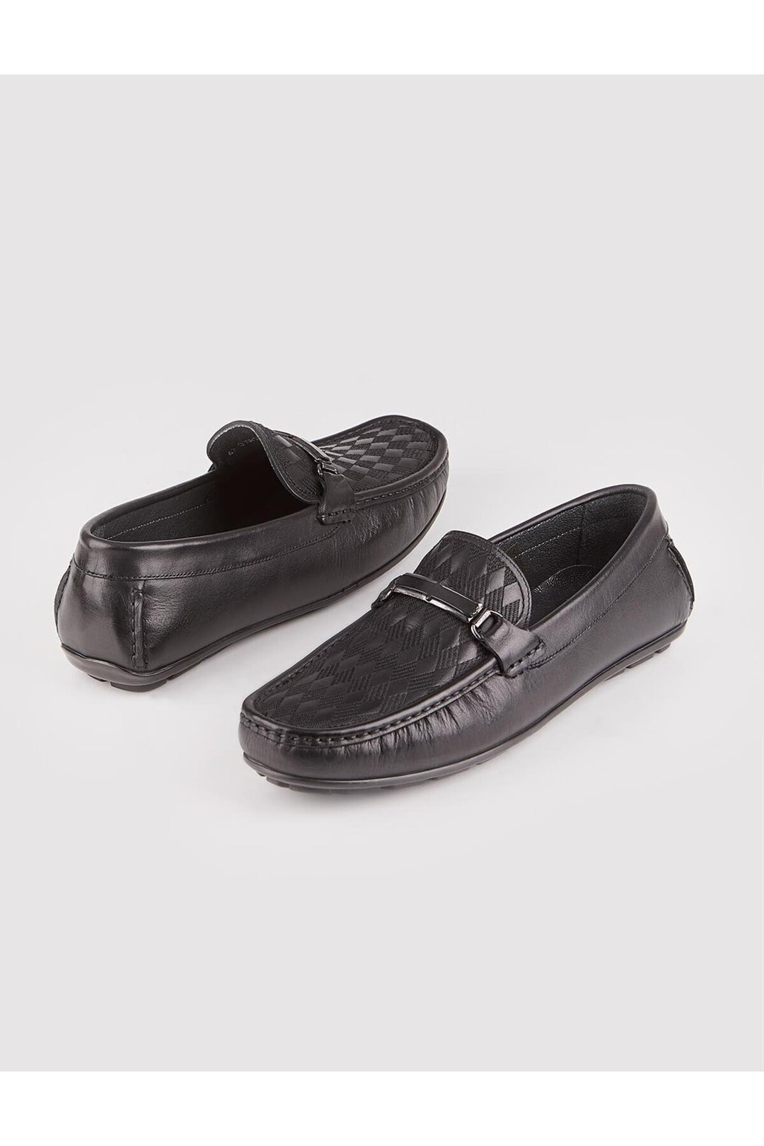 Cabani Shoes Chaussures Loafer pour hommes en cuir véritable noir avec motif de baklava - Noir