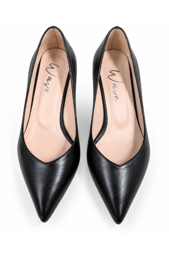 Wavelys Intérieur Extérieur Cuir Véritable Élégant Escarpin à Talon Kitten à Bout Pointu - Noir