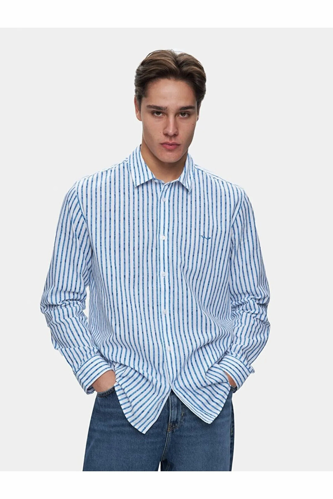 LTB Chemise crème à manches longues régulières rayée aspect lin