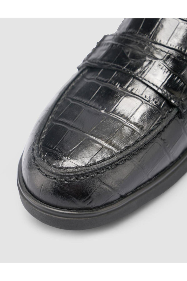 Cabani Shoes %100 Cuir Véritable Noir Motif Croco Mocassins Femme - Noir