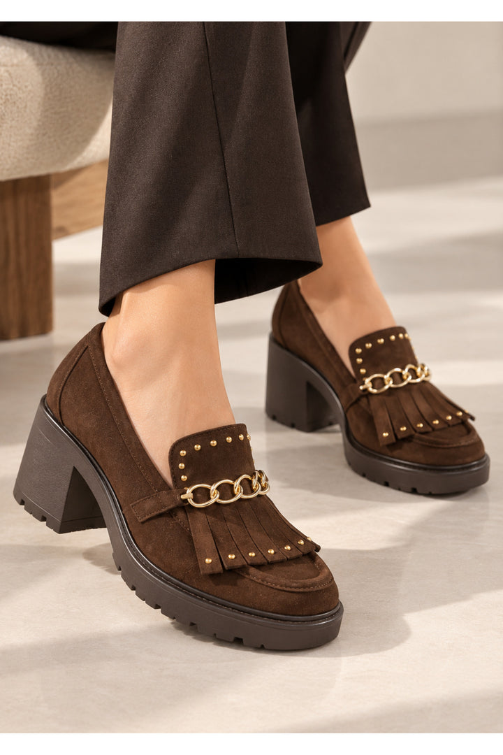Wavelys Femme Mocassins à plateforme en suède avec détails dorés - Marron