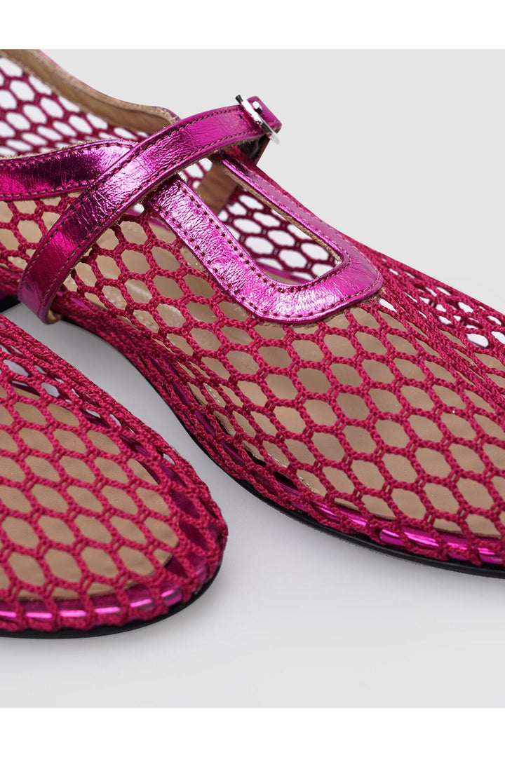 Cabani Shoes Ballerines pour femmes en cuir véritable 100% avec détails en filet et boucle fuchsia. - Rose