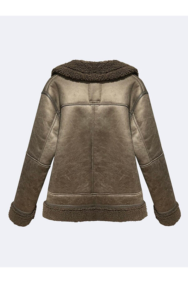 LTB Veste en fourrure beige avec fermeture éclair en simili cuir
