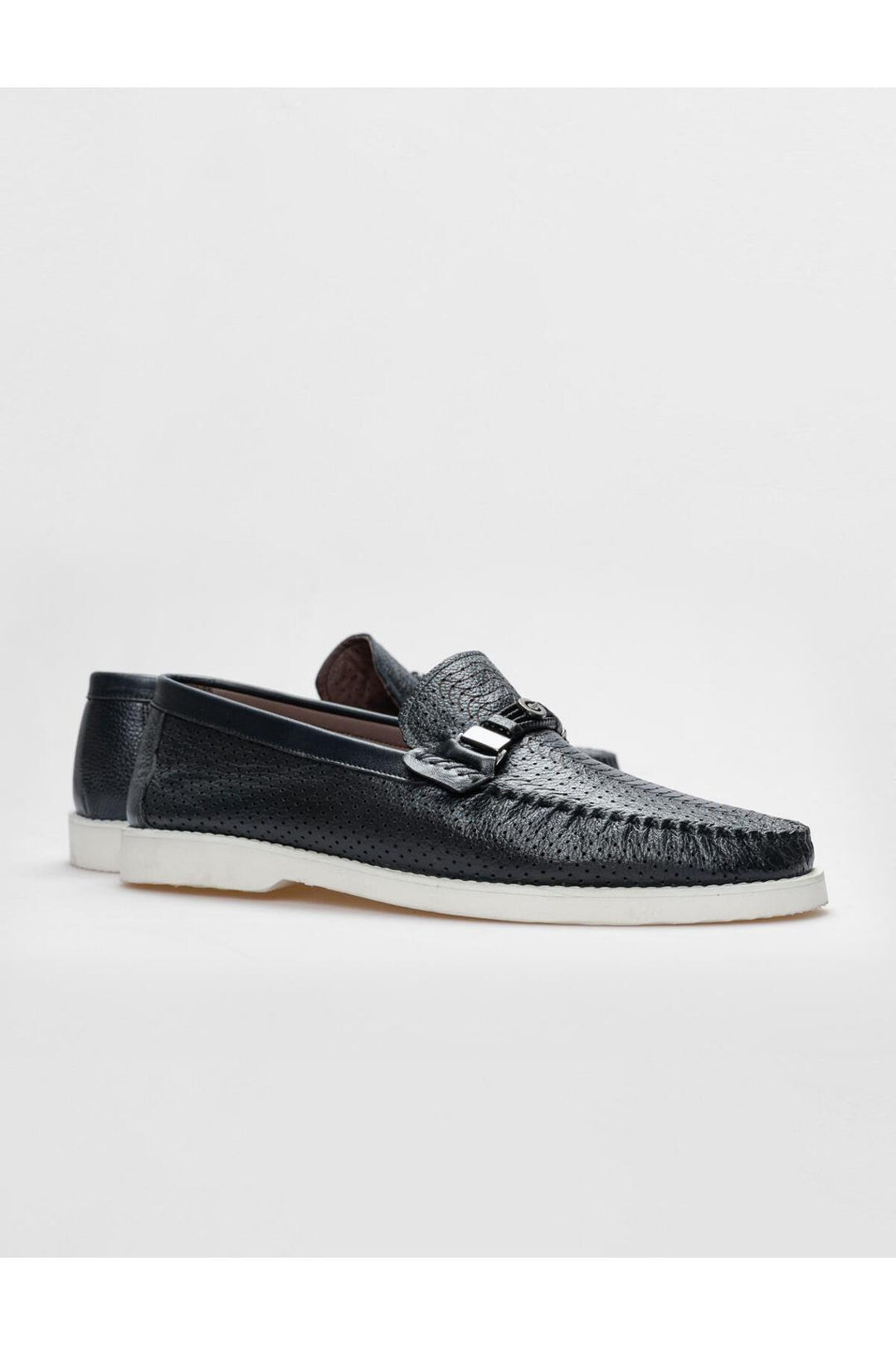 Cabani Shoes Mocassin pour homme en cuir véritable bleu marine avec détails laser. - Bleu marine