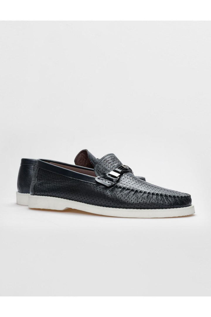 Cabani Shoes Mocassin pour homme en cuir véritable bleu marine avec détails laser. - Bleu marine