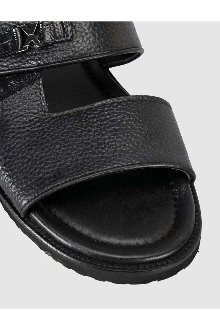 Cabani Shoes Sandale en cuir noir pour homme avec détails en crocodile - Multicolore