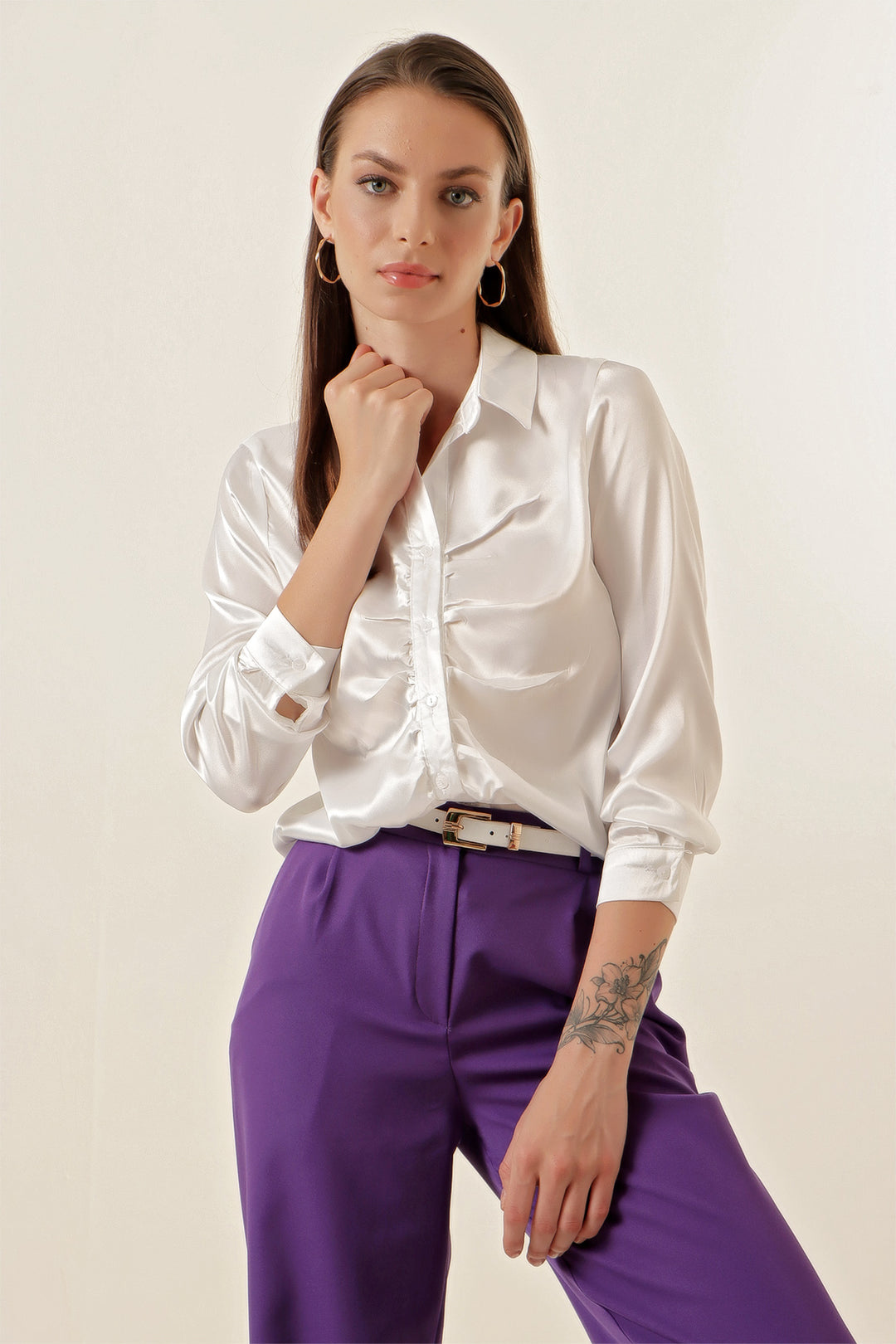 Bigdart 20112 Chemise en Satin Froncée - Blanc