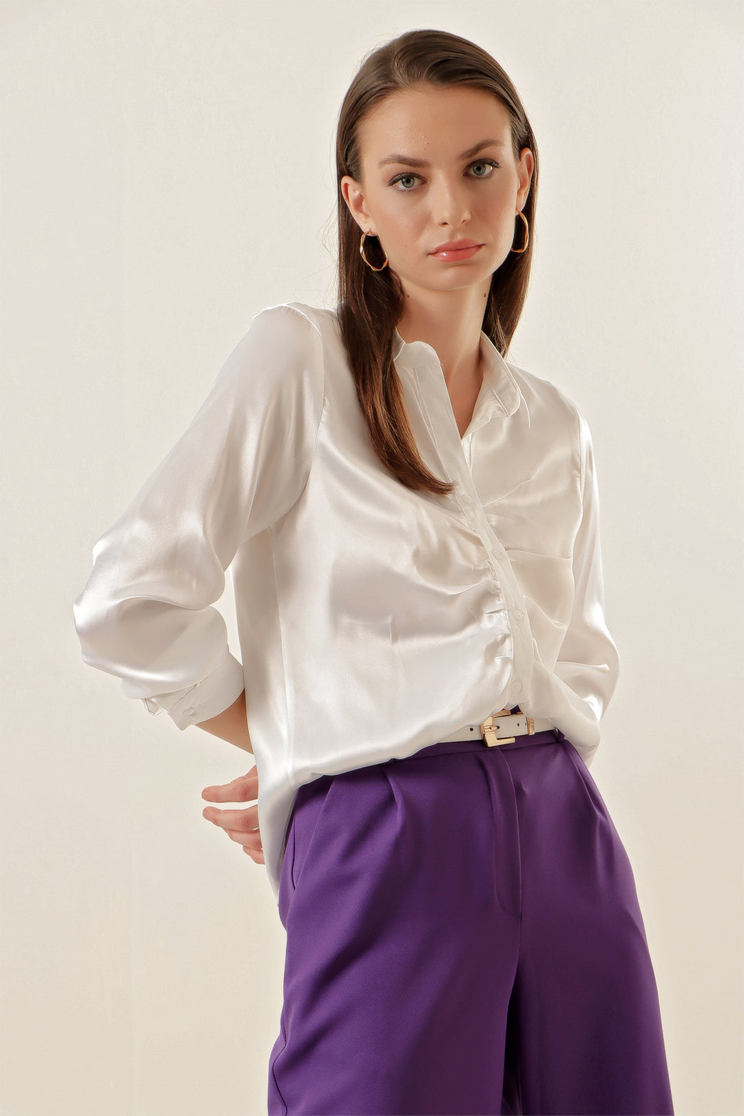 Bigdart 20112 Chemise en Satin Froncée - Blanc