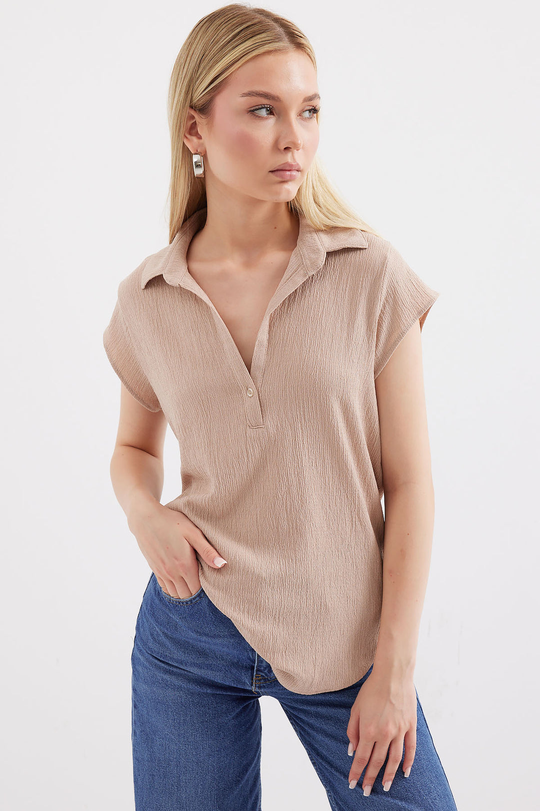 Bigdart 20123 Blouse en tricot à col polo - Beige