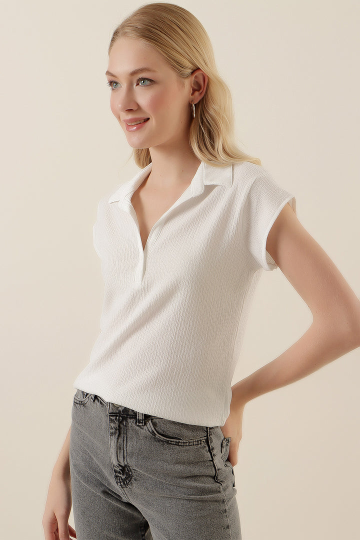 Bigdart 20123 Blouse Tricotée à Col Polo - Blanc