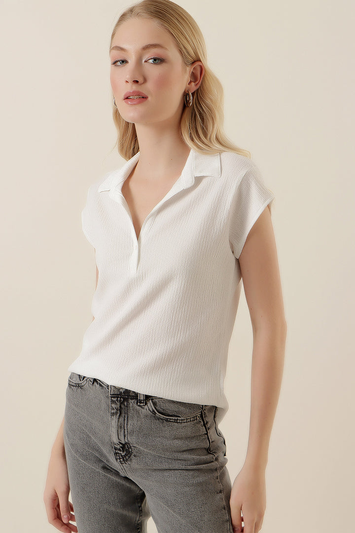 Bigdart 20123 Blouse Tricotée à Col Polo - Blanc