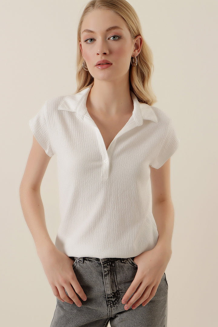 Bigdart 20123 Blouse Tricotée à Col Polo - Blanc