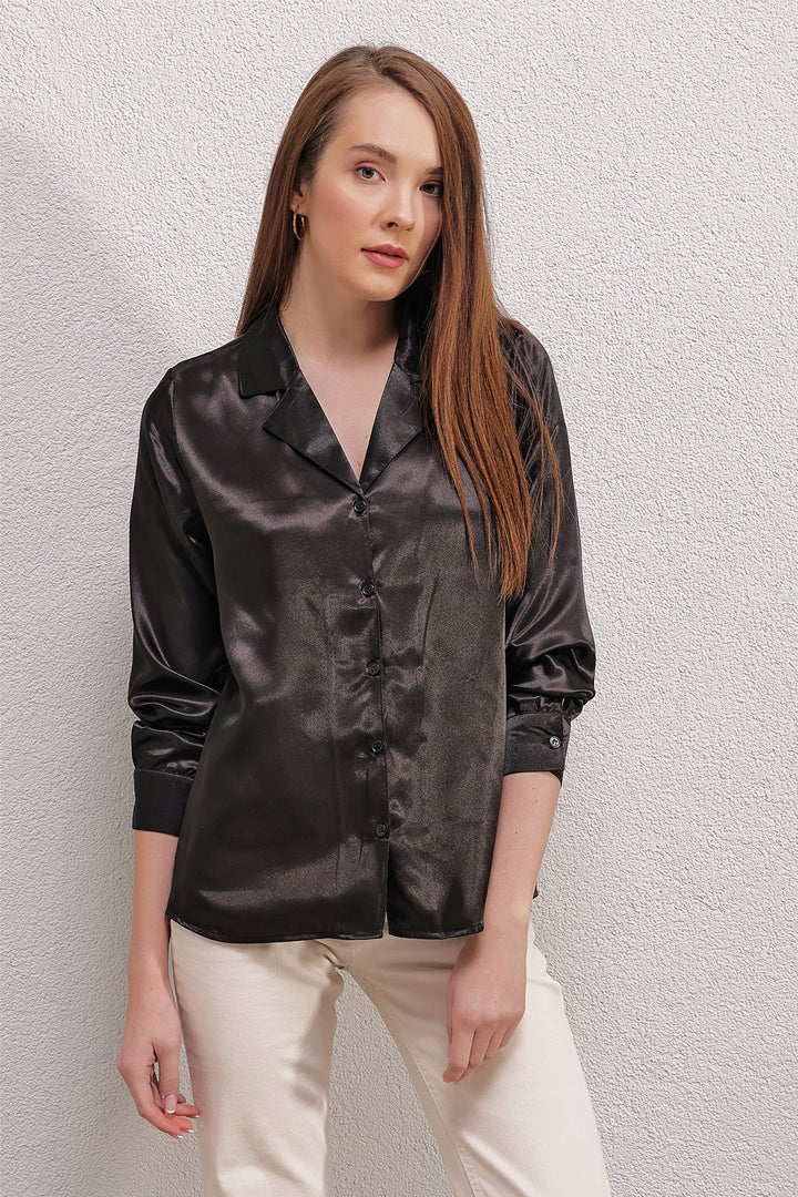 Bigdart Chemise en satin à col croisé 20140 - Noir