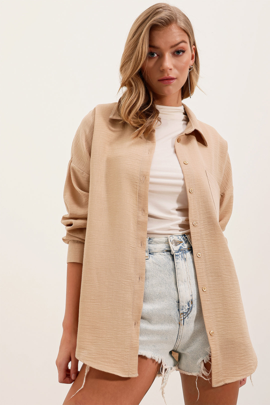 Bigdart Chemise en lin oversize à poche unique 20153 - Beige