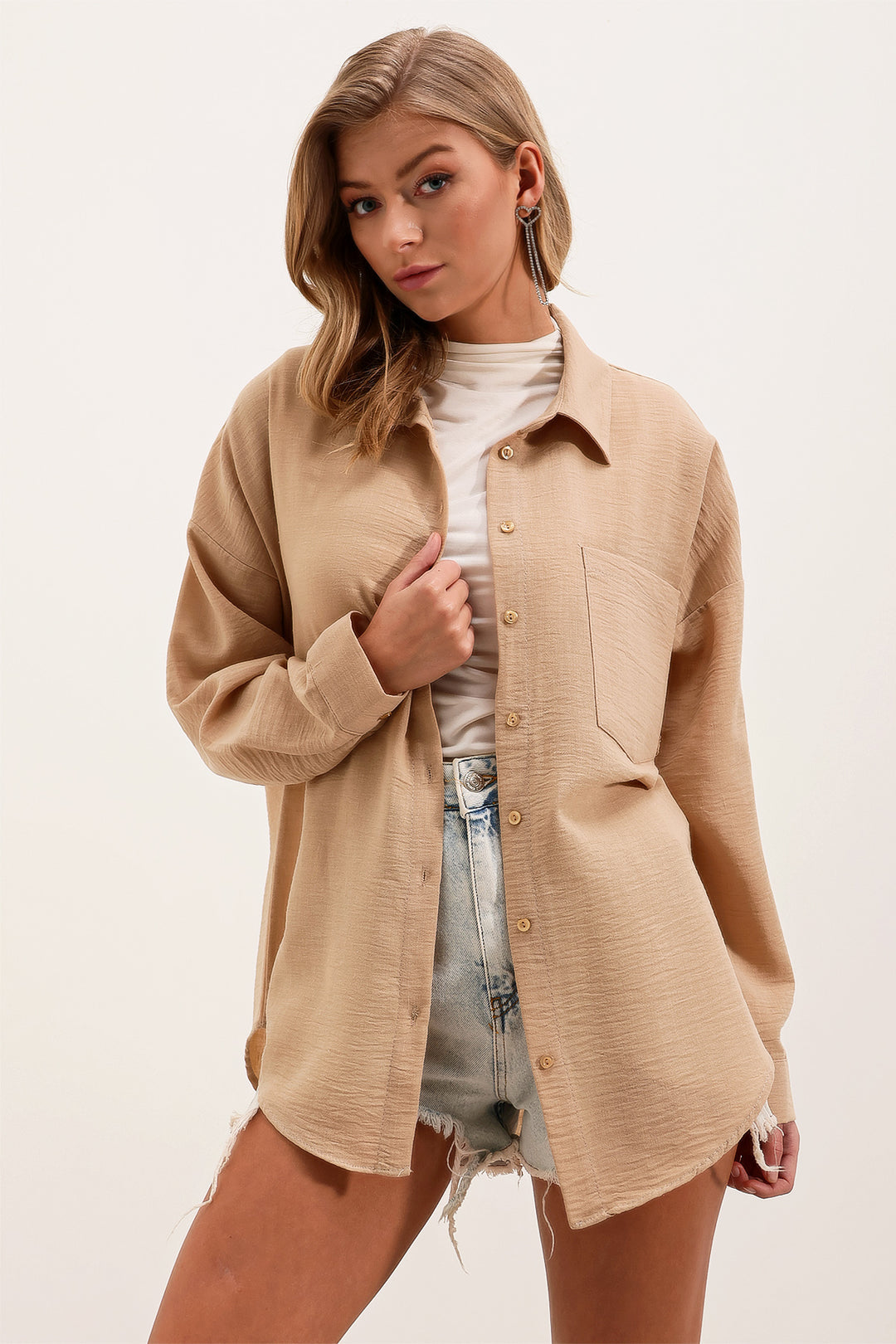 Bigdart Chemise oversize en lin à poche unique 20153 - a.Beige