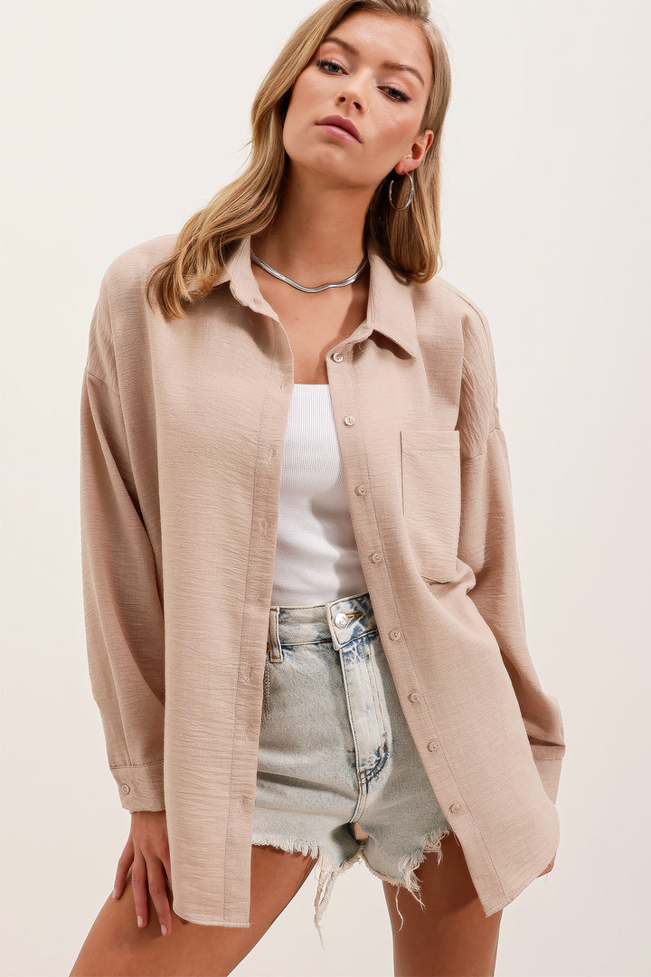 Bigdart 20153 Chemise Oversize en Lin à Poche Unique - Beige