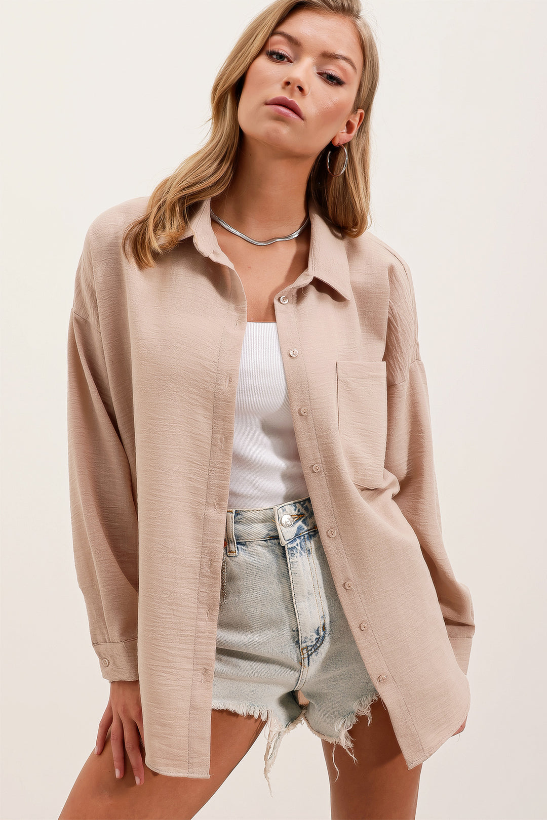 Bigdart 20153 Chemise Oversize en Lin à Poche Unique - Beige