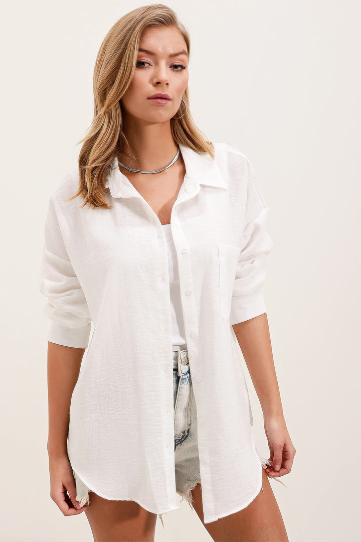Bigdart 20153 Chemise Oversize en Lin à Poche Unique - Blanc