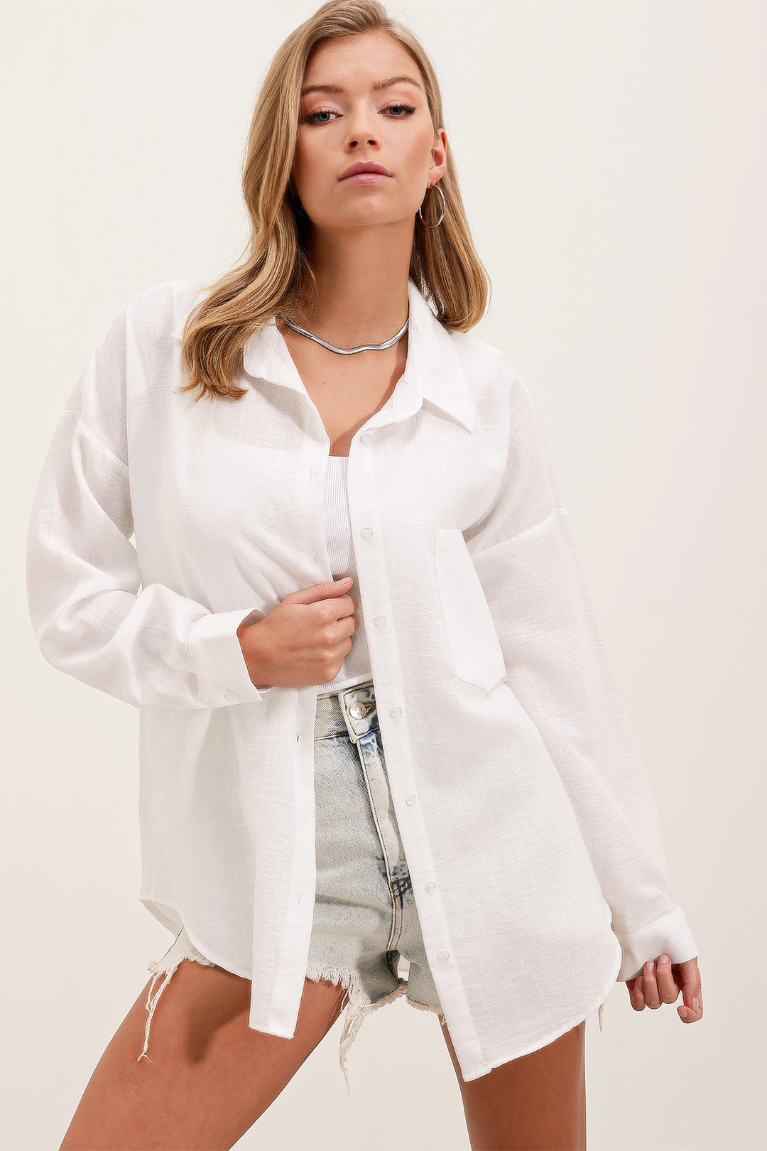 Bigdart 20153 Chemise Oversize en Lin à Poche Unique - Blanc