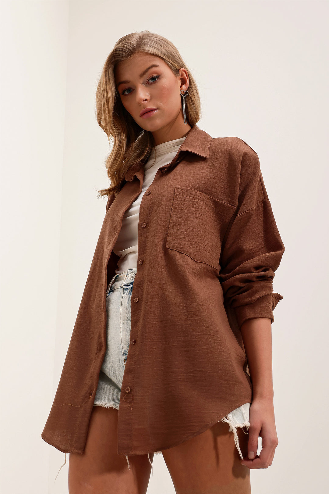 Bigdart 20153 Chemise Oversize en Lin à Poche Unique - Marron