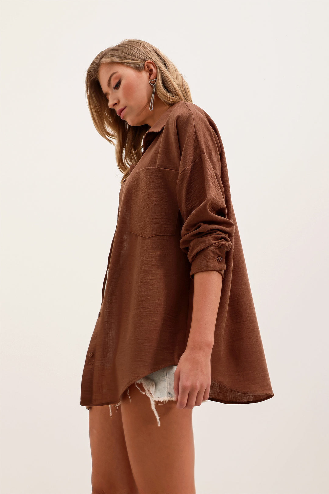 Bigdart 20153 Chemise Oversize en Lin à Poche Unique - Marron