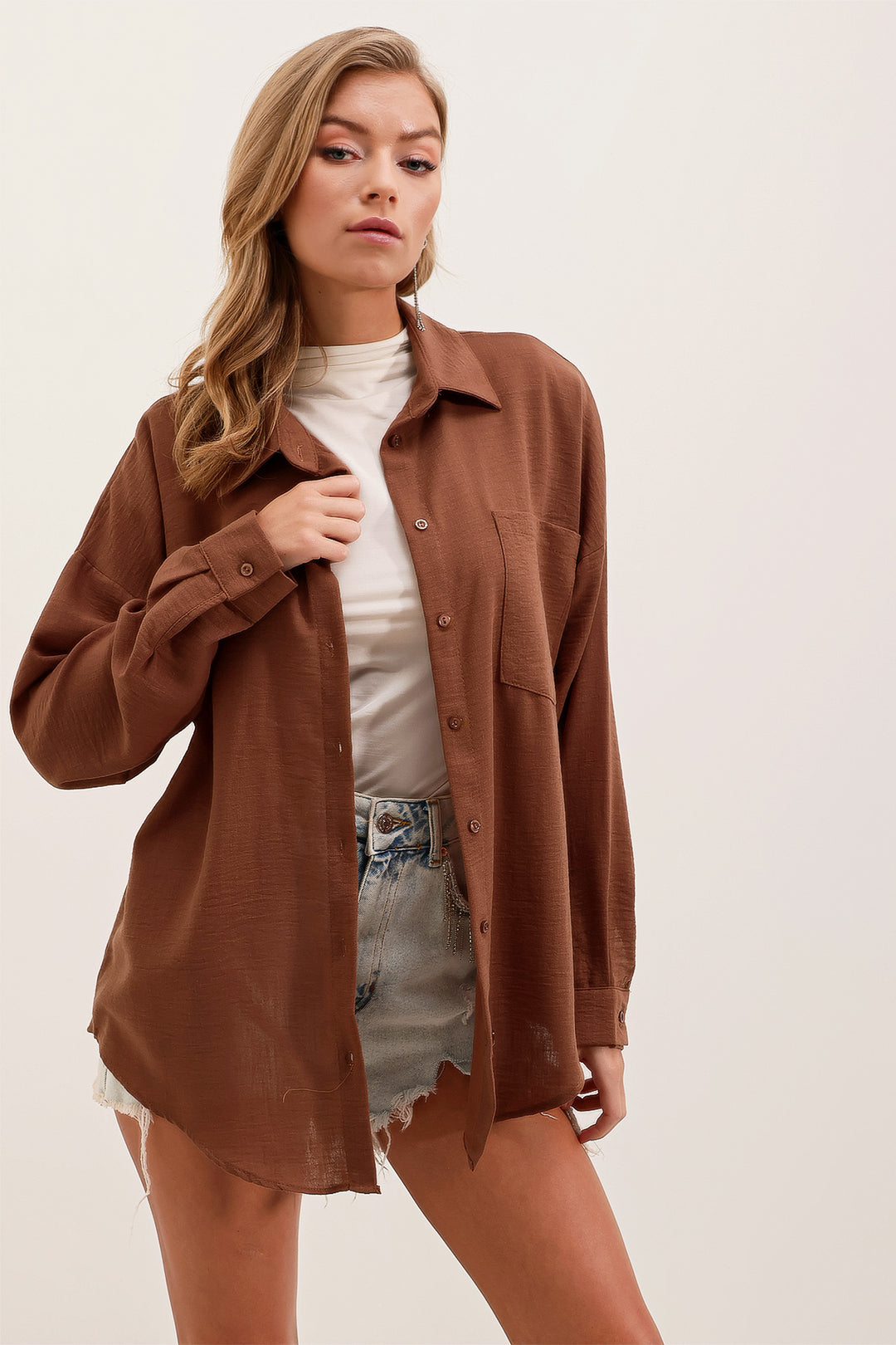 Bigdart 20153 Chemise Oversize en Lin à Poche Unique - Marron