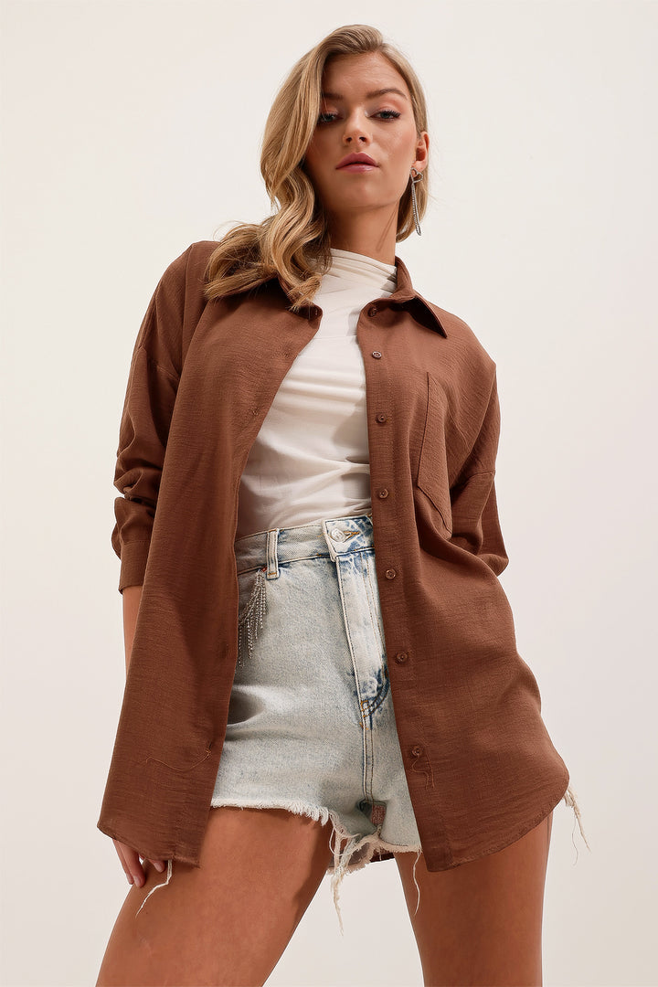 Bigdart 20153 Chemise Oversize en Lin à Poche Unique - Marron