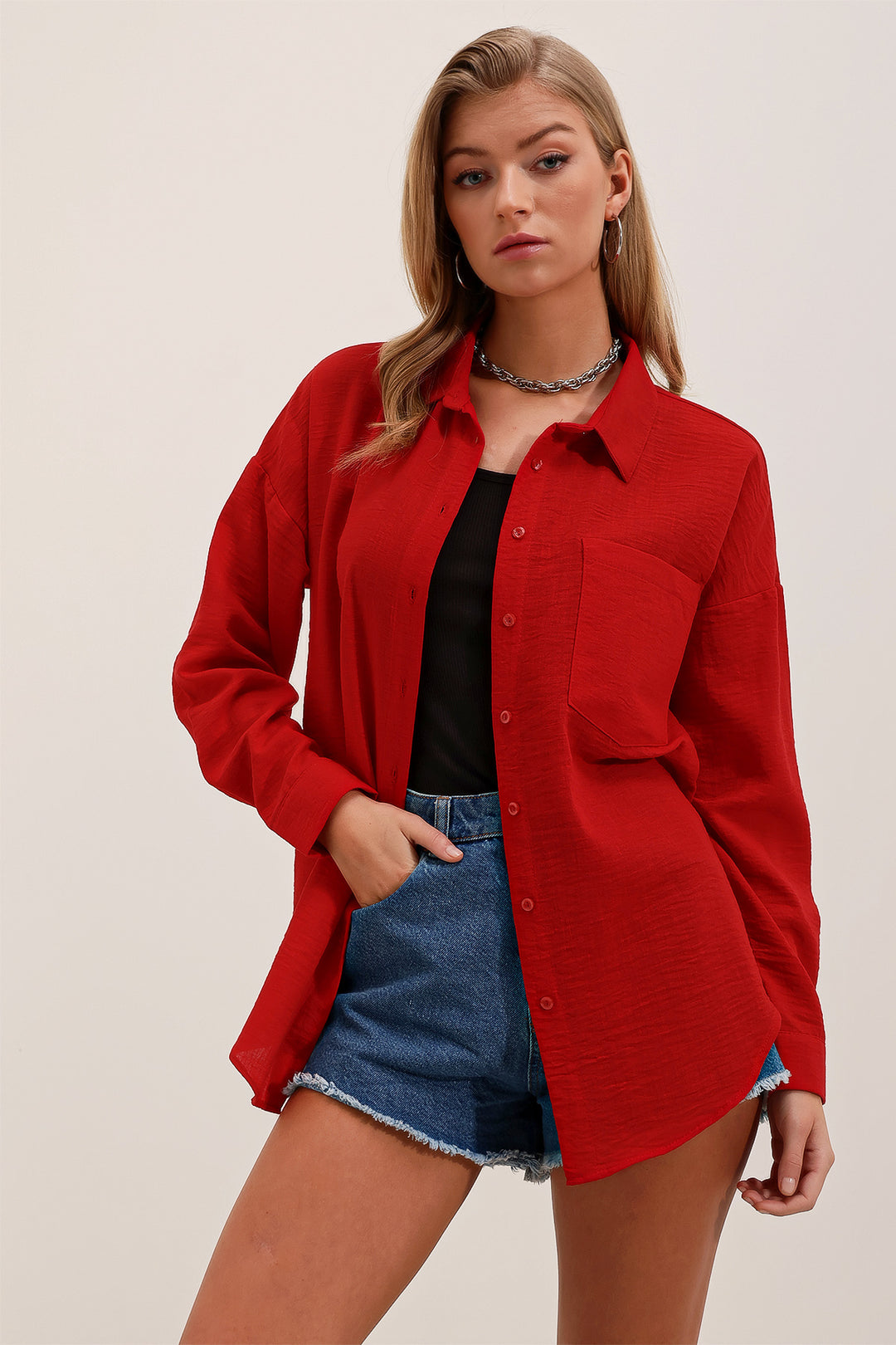 Bigdart 20153 Chemise Oversize en Lin à Poche Unique - Rouge