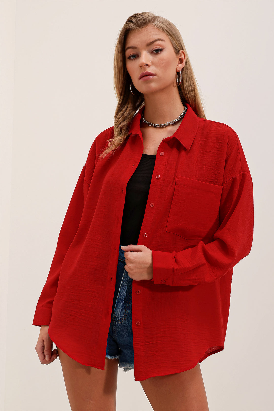 Bigdart 20153 Chemise Oversize en Lin à Poche Unique - Rouge