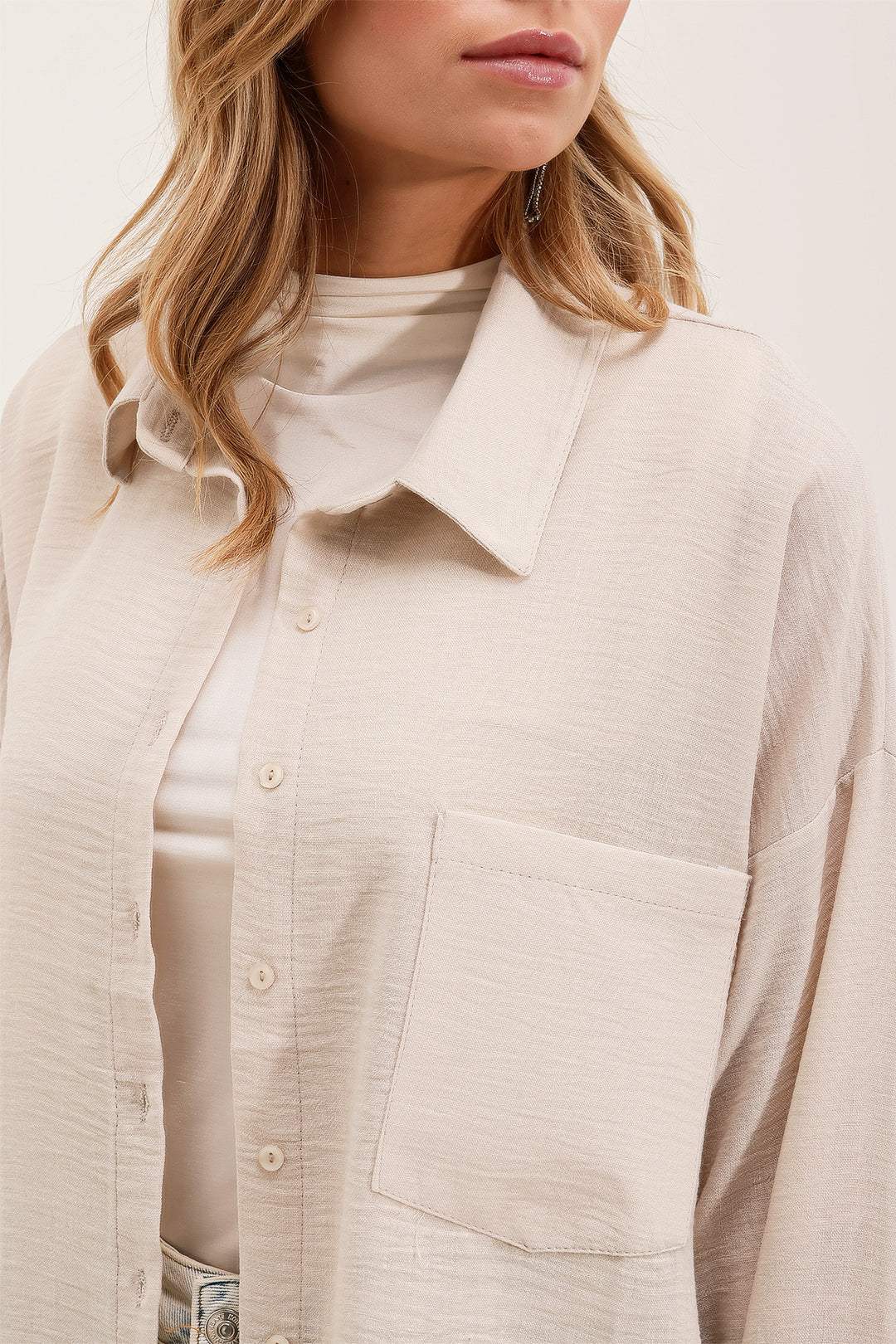 Bigdart 20153 Oversized Single Pocket Linen Shirt - Cream