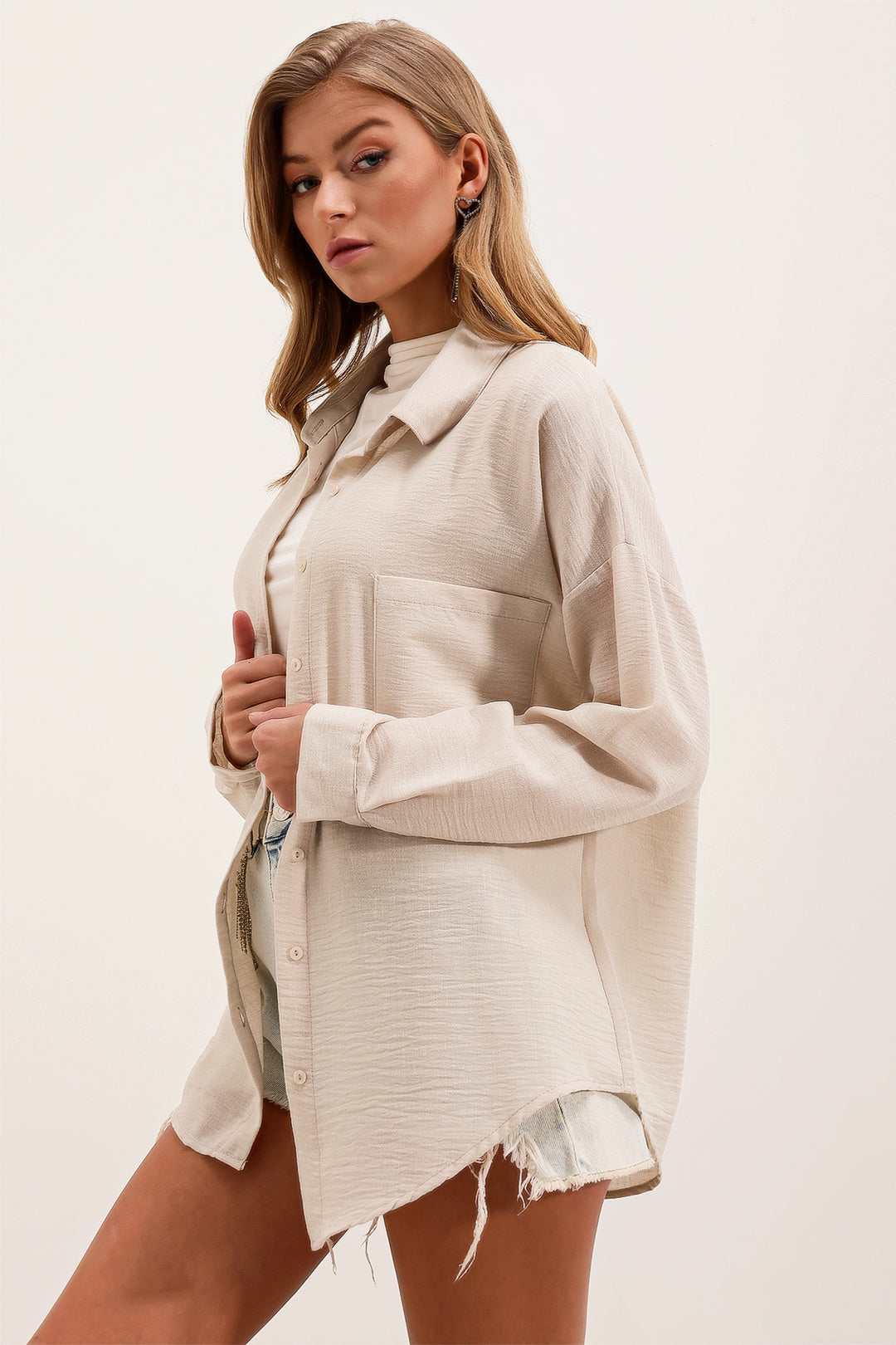 Bigdart 20153 Oversized Single Pocket Linen Shirt - Cream