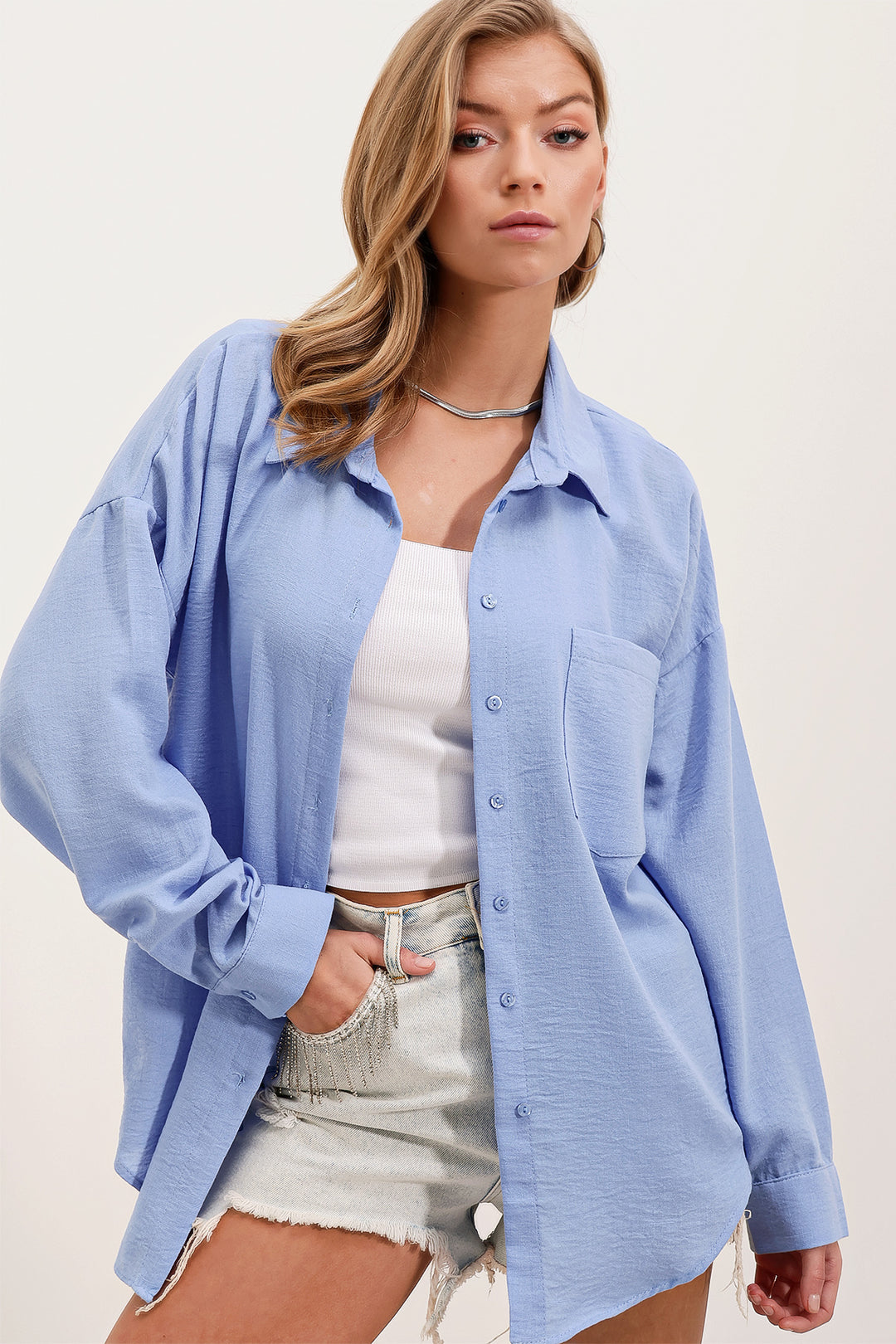 Bigdart Chemise en lin oversize à poche unique 20153 - Bleu