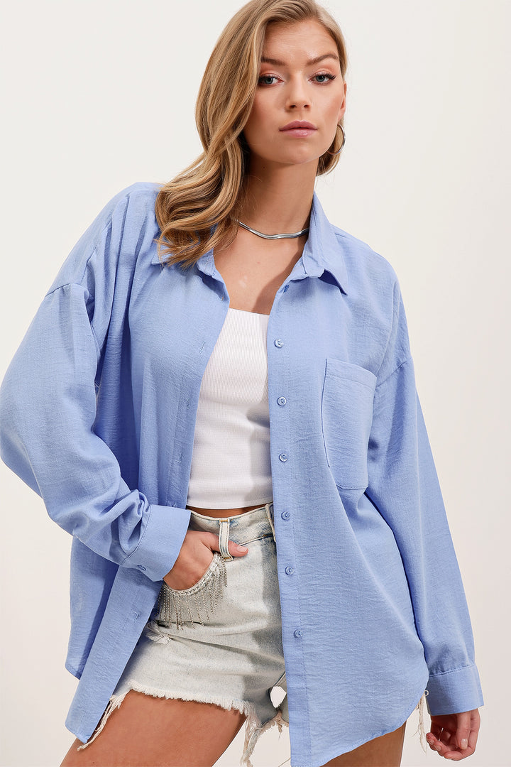 Bigdart Chemise en lin oversize à poche unique 20153 - Bleu
