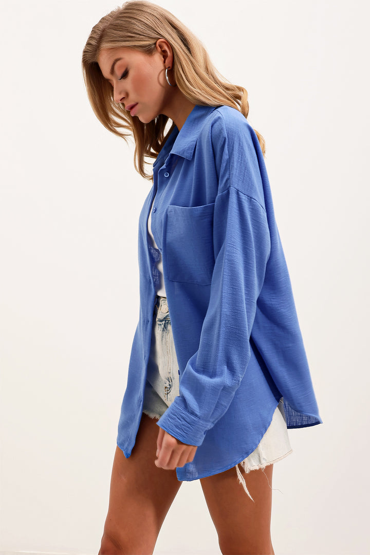 Bigdart Chemise oversize en lin à poche unique 20153 - Bleu roi